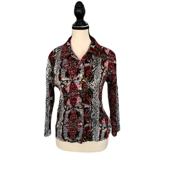Alberto Malaki-Button Up-Sequin-Shirt- Red-Pink-Black-Brown-Colorful-Women’s M - Picture 1 of 10